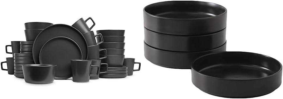 16-Piece Stoneware Dish Set, Service for 4, Black Plates and Bowls Dinnerware Set, Dishwasher and Microwave Safe, Black Matte
