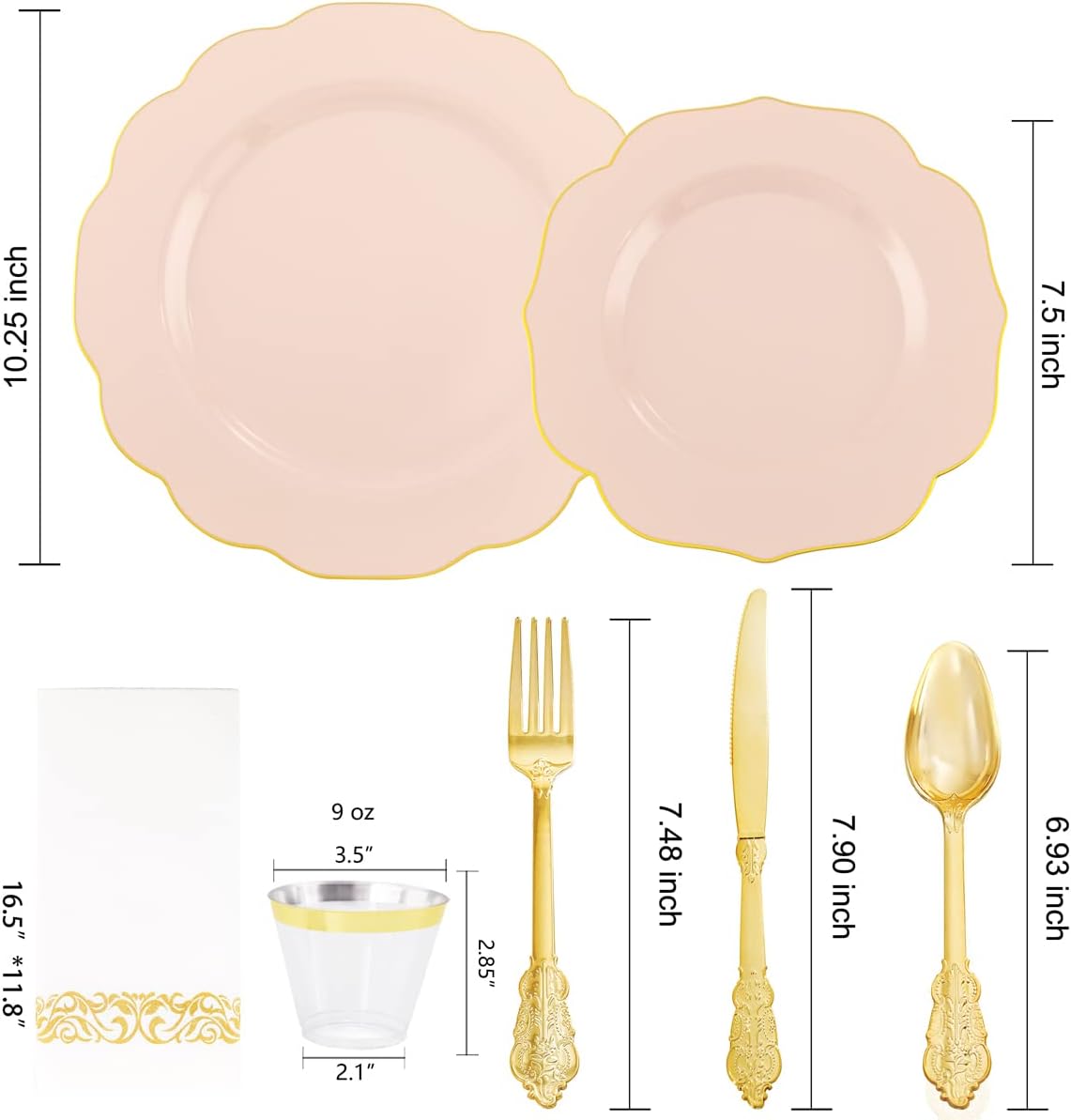 175PCS Pink Plastic Plates - Pink Plates with Gold Disposable Silverware - Include 50 Plates,25 Knives,25 Forks,25 Spoons,25 Cups and 25 Napkins - Ideal for Wedding & Party