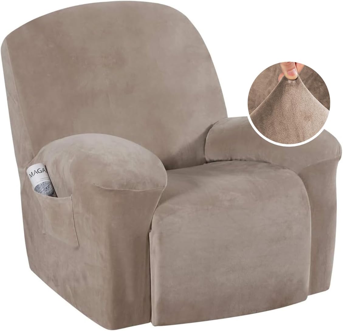 Stretch Recliner Covers 1-Piece Lazy Boy Recliner Chair Covers with Pocket Nonslip Recliner Slip Cover Stay in Place with Elastic Bottom Feature Velvet Plush Fabric(Recliner, Camel)