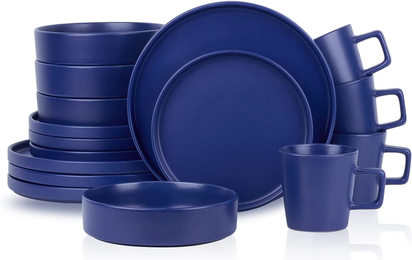 16-Piece Stoneware Dish Set, Service for 4, Black Plates and Bowls Dinnerware Set, Dishwasher and Microwave Safe, Black Matte