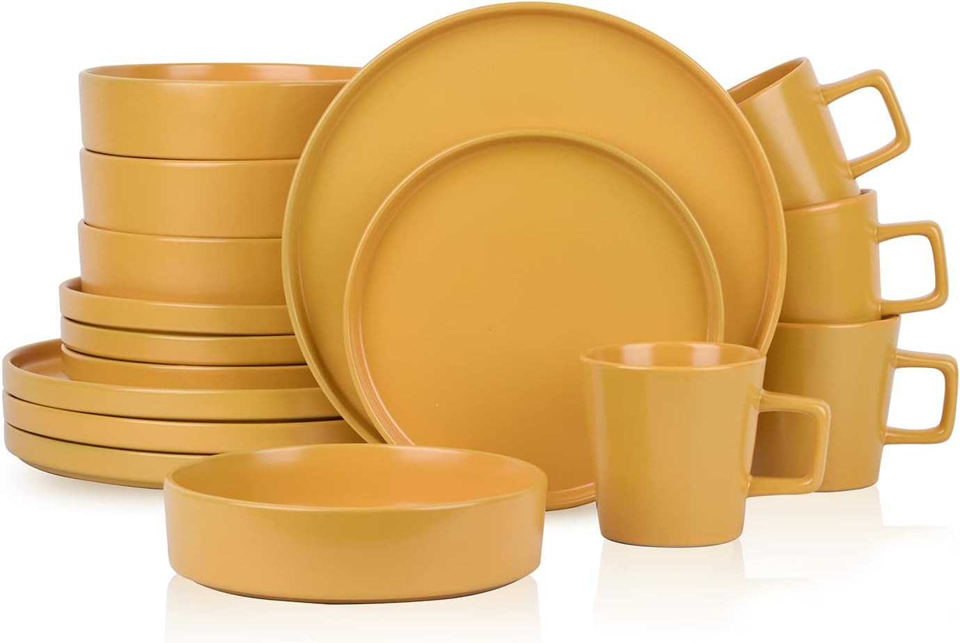 16-Piece Stoneware Dish Set, Service for 4, Black Plates and Bowls Dinnerware Set, Dishwasher and Microwave Safe, Black Matte