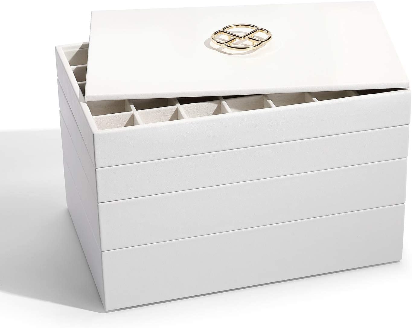 Jewelry Tray - Faux Leather Multi-Layer Jewelry Earring Necklace Bracelet Rings Display Storage Organizer for Desktop Drawer, 4-Layer w/Lid, Grey