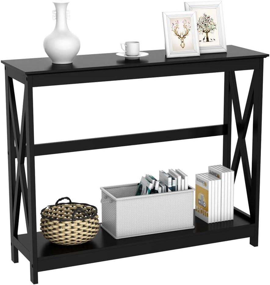 Console Table for Entryway, 2 Tier Entryway Table Bookshelf Accent Table w/Storage Shelf Living Room Entry Hall Foyer Table Furniture, Black