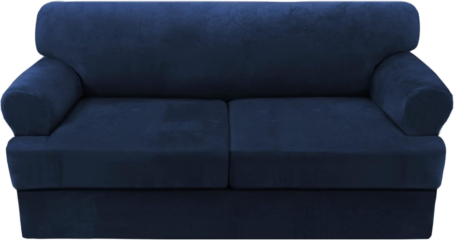 Sofa Cover 2 Piece T Cushion Armchair Slipcovers Thick Velvet Couch Cover Furniture Protector Stretch T Cushion Sofa Covers for 1 Cushion Couch with 1 Individual T Cushion Covers, Ivory