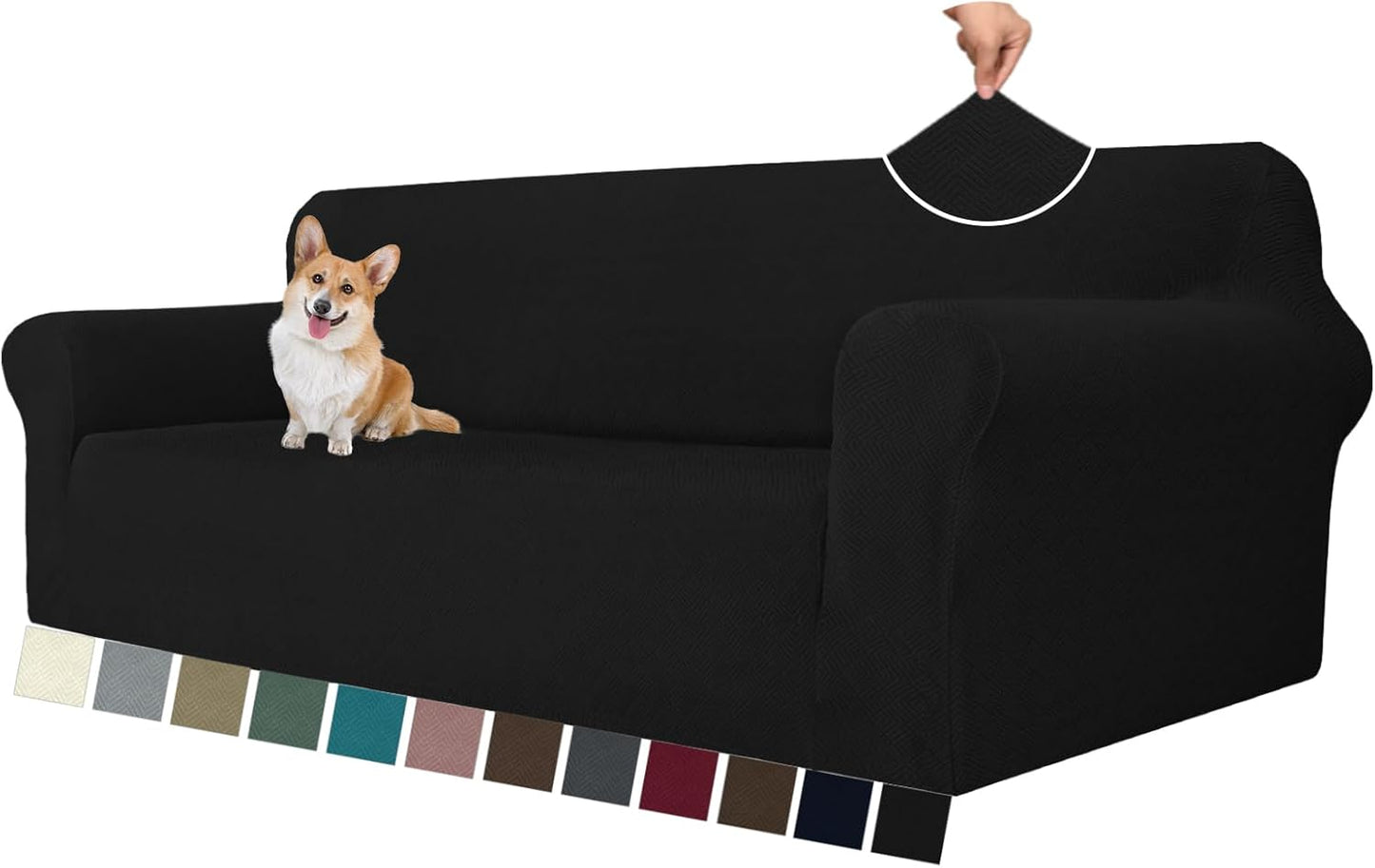 Super Stretch Couch Cover for 3 Cushion Couch, 1-Piece Universal Sofa Covers Living Room Jacquard Spandex Furniture Protector Dogs Pet Friendly Fitted (Large, Black)