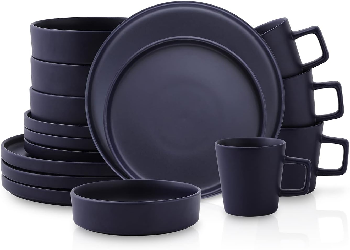 16-Piece Stoneware Dish Set, Service for 4, Black Plates and Bowls Dinnerware Set, Dishwasher and Microwave Safe, Black Matte