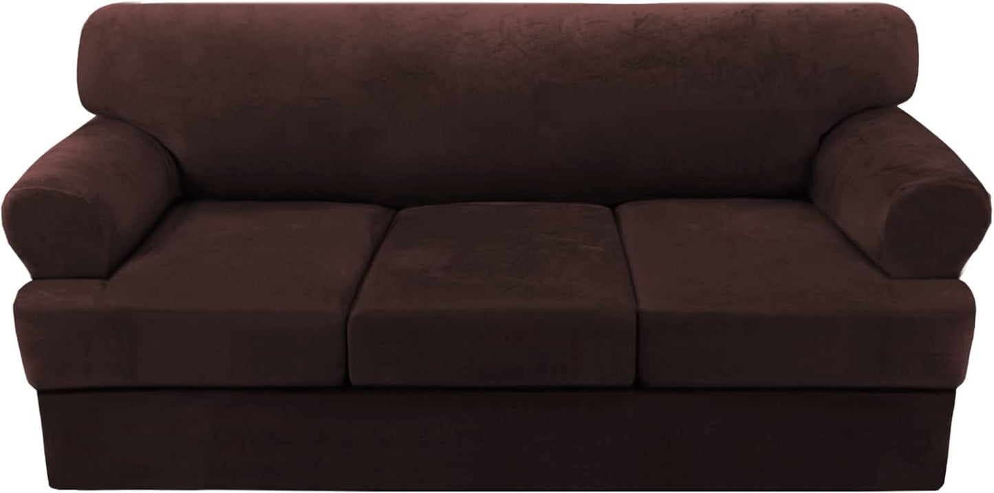Sofa Cover 2 Piece T Cushion Armchair Slipcovers Thick Velvet Couch Cover Furniture Protector Stretch T Cushion Sofa Covers for 1 Cushion Couch with 1 Individual T Cushion Covers, Ivory