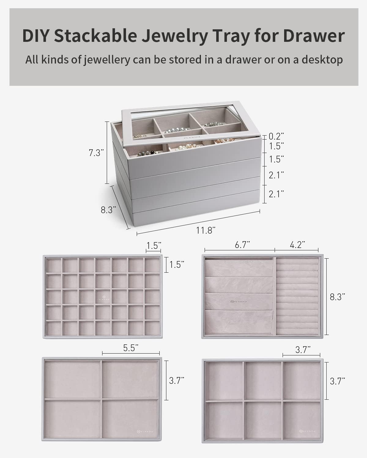 Jewelry Trays Stackable Showcase Display Drawer Organizer Storage Toughened Glass Lid Multi-Purpose Multiple Combinations Large Capacity Multi-Layer Design and Fashion-Grey