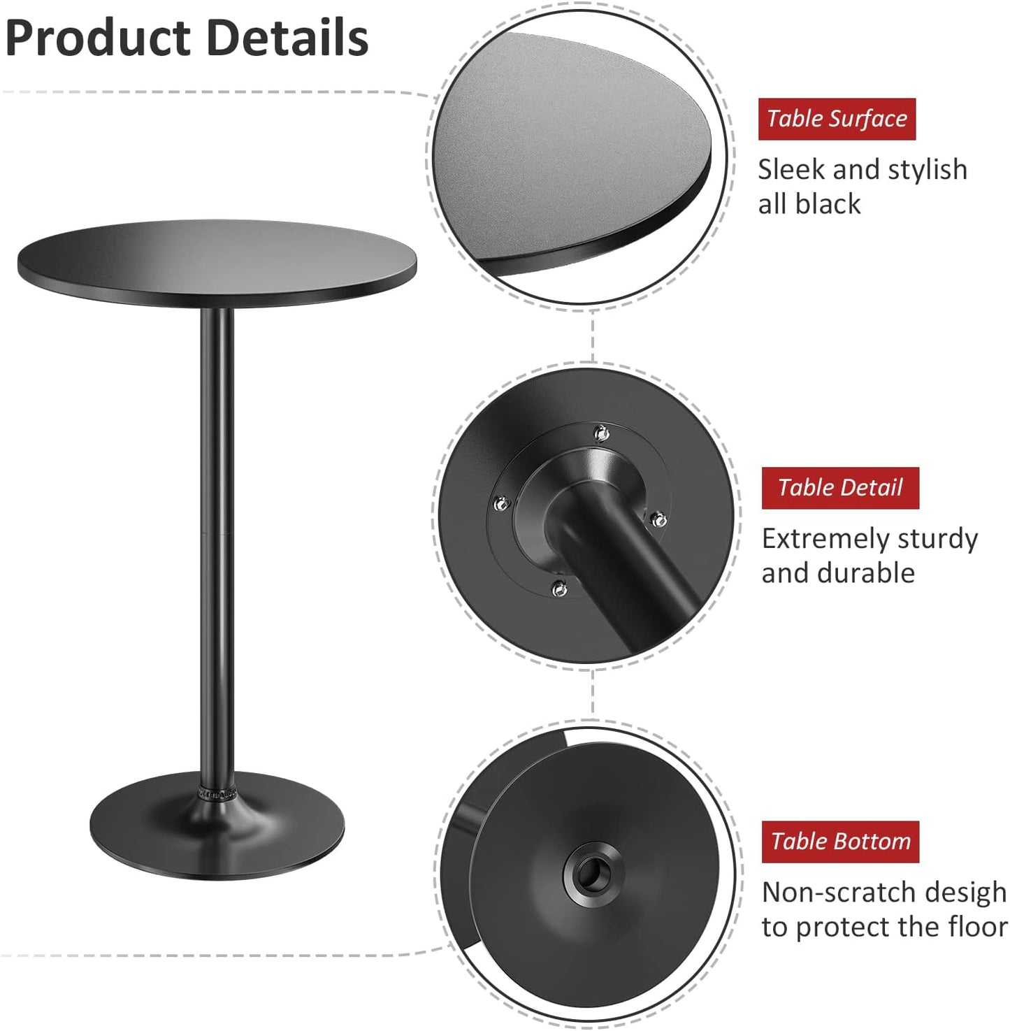 Pub Table Round Bar Height Cocktail Table Metal Base MDF Top Obsidian Table 23.8-Inch Top, 39.5-Inch Height (Black, 1-Pack)
