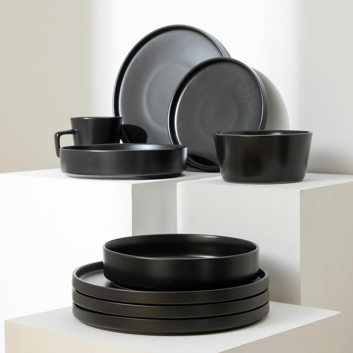 16-Piece Stoneware Dish Set, Service for 4, Black Plates and Bowls Dinnerware Set, Dishwasher and Microwave Safe, Black Matte