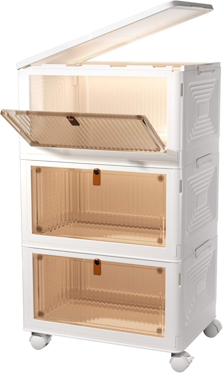 4 Tier Stackable Storage Bins with Lids, 23Qt Plastic Storage Containers with Magnetic Doors & Wheels, Collapsible Storage Bins Closet Organizers, Foldable Organization for Home, Party, Office, Dorm