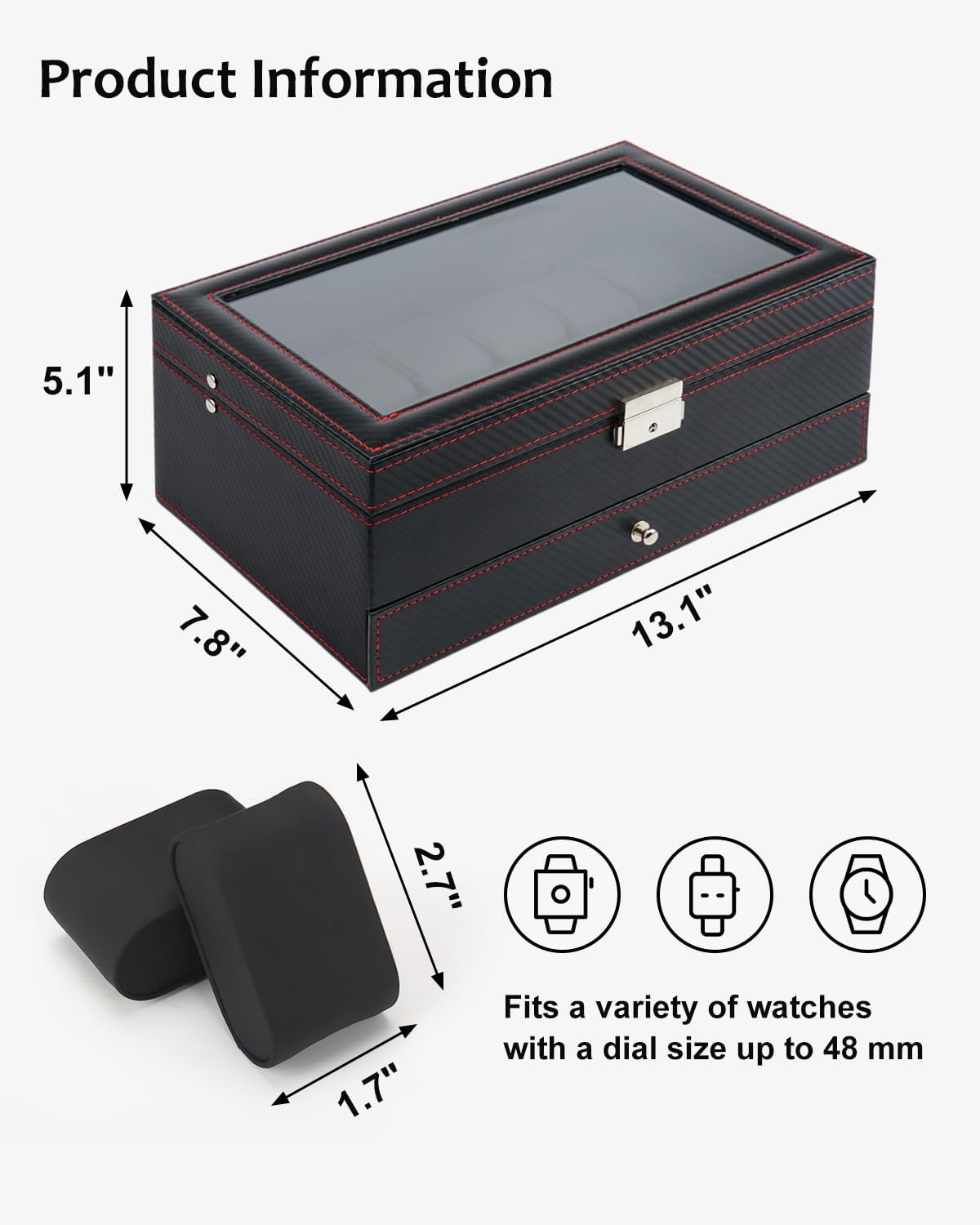 12 Slot Watch Case,2 Layers Watch Box Organizer with Large Glass Lid, Lockable Leather Watch Holder Display Case Storage with Jewelry Organizer Holder Drawer, Ideal Gift for Men Women, Black