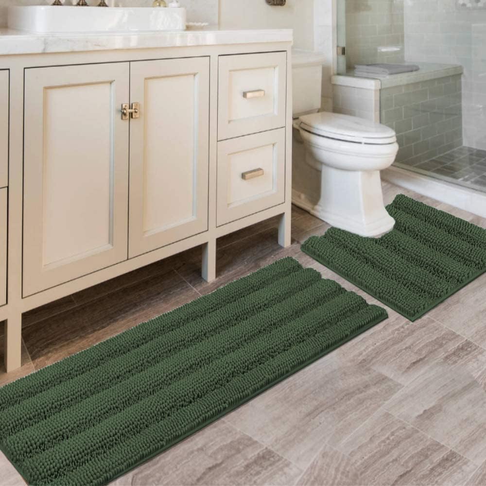 Black Bathroom Rug Set Extra Thick Striped Bath Mats for Bathroom Floor 2 Piece, Anti-Slip Bath Mat Set Soft Plush Chenille Shower Rugs for Bathroom Waterproof (20" x 32"/17" x 24")