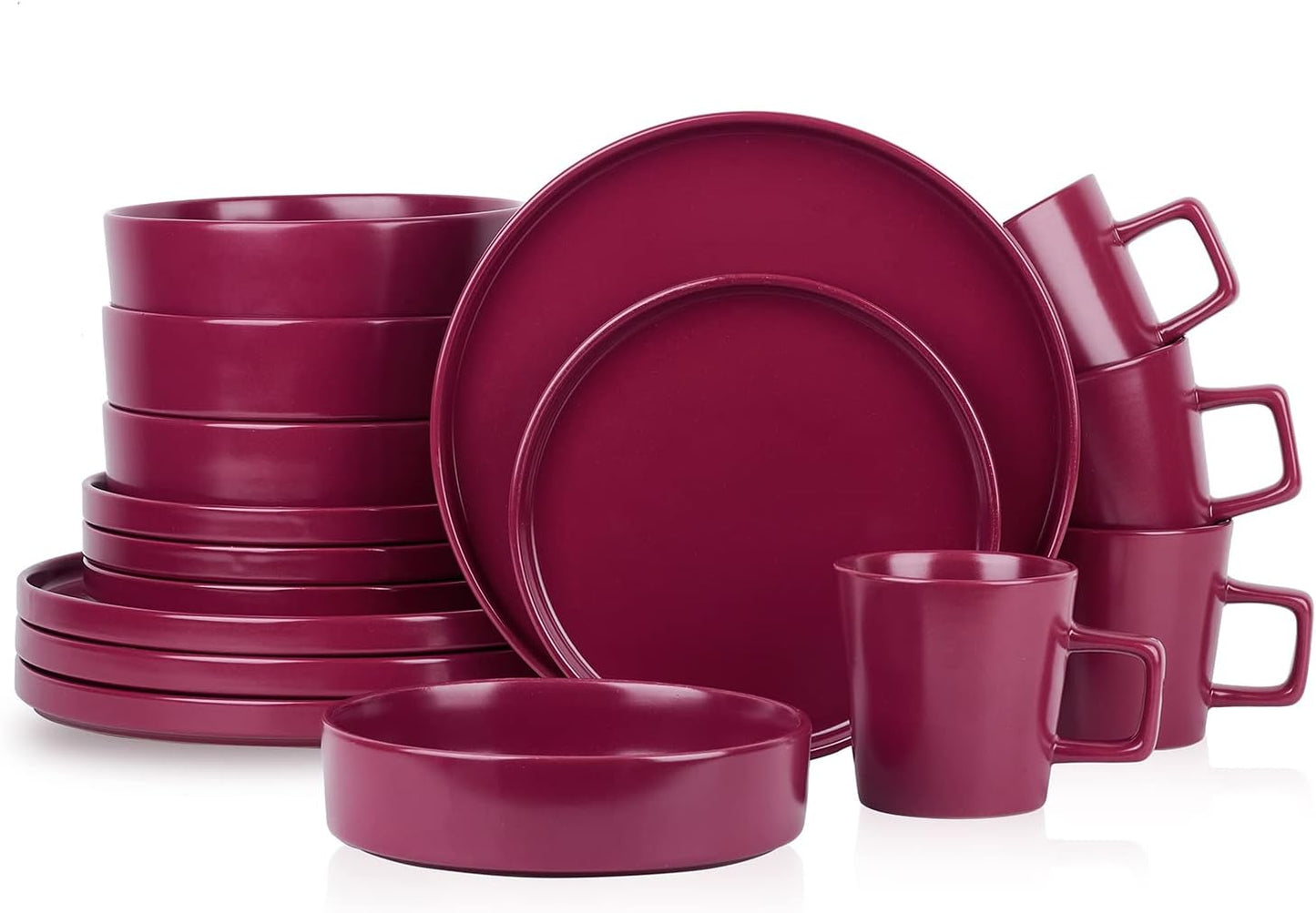 16-Piece Stoneware Dish Set, Service for 4, Black Plates and Bowls Dinnerware Set, Dishwasher and Microwave Safe, Black Matte