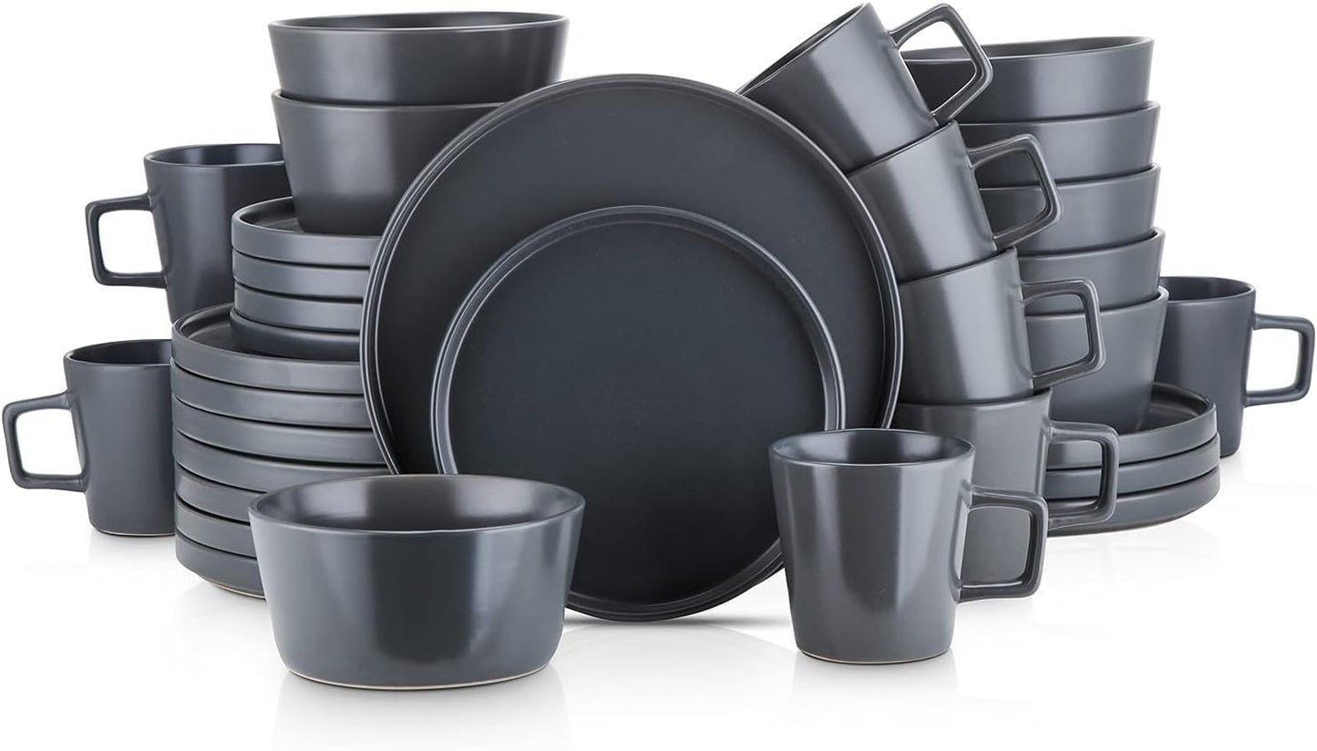 16-Piece Stoneware Dish Set, Service for 4, Black Plates and Bowls Dinnerware Set, Dishwasher and Microwave Safe, Black Matte