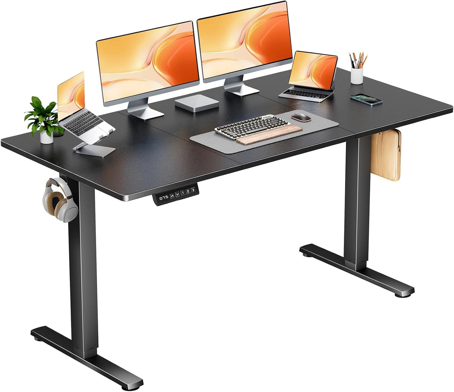 Electric Adjustable Height Standing Desk - 40 x 24 inch Sit to Stand Up Desk with Splice Board, Rising Home Office Computer Table with 2 Hook and Wire Hole for Work