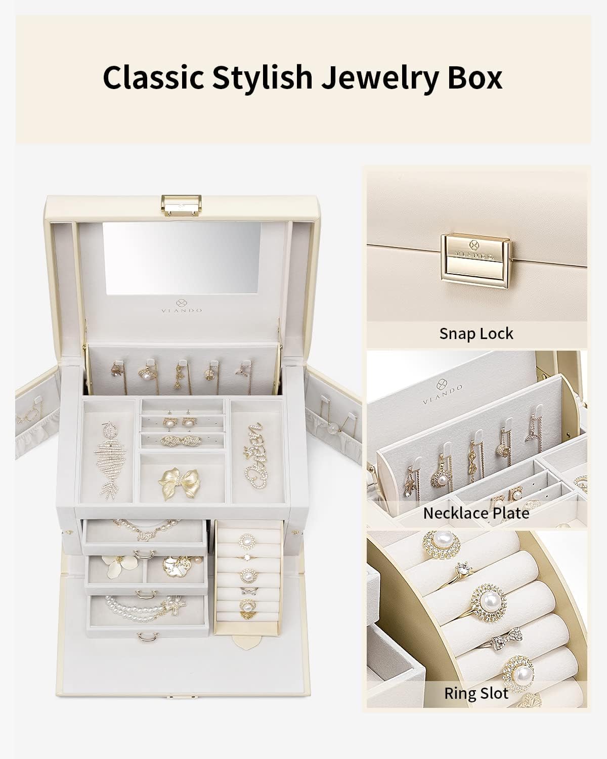 Jewelry Box Organizer for Girls Women, Large Jewelry Holder Organizer with Mirror, 3 Drawers for Bracelets, Earrings, Rings, Necklaces, Mothers Day Gifts for Loved One, Apricot White