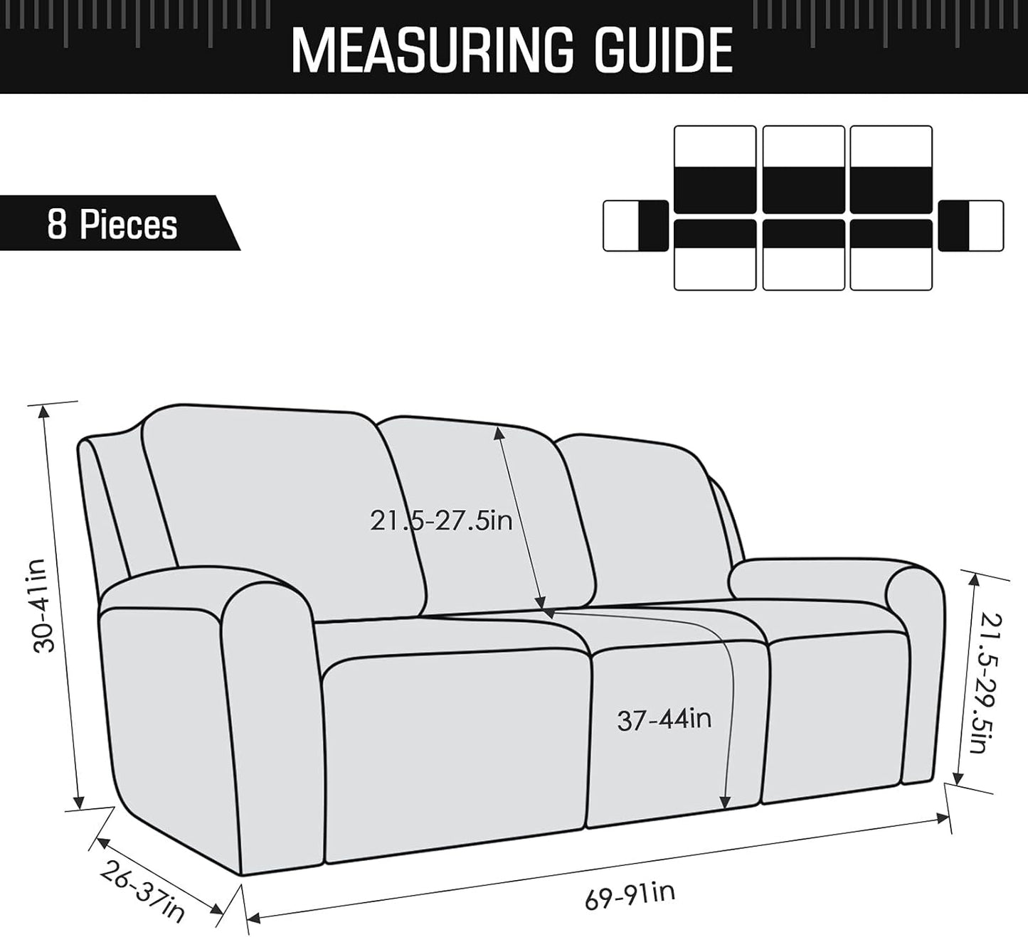 Recliner Sofa Covers 8-Pieces Stretch Large Couch Covers for 3 Seats Reclining Slipcovers Soft Jacquard Pattern Furniture Protector Black