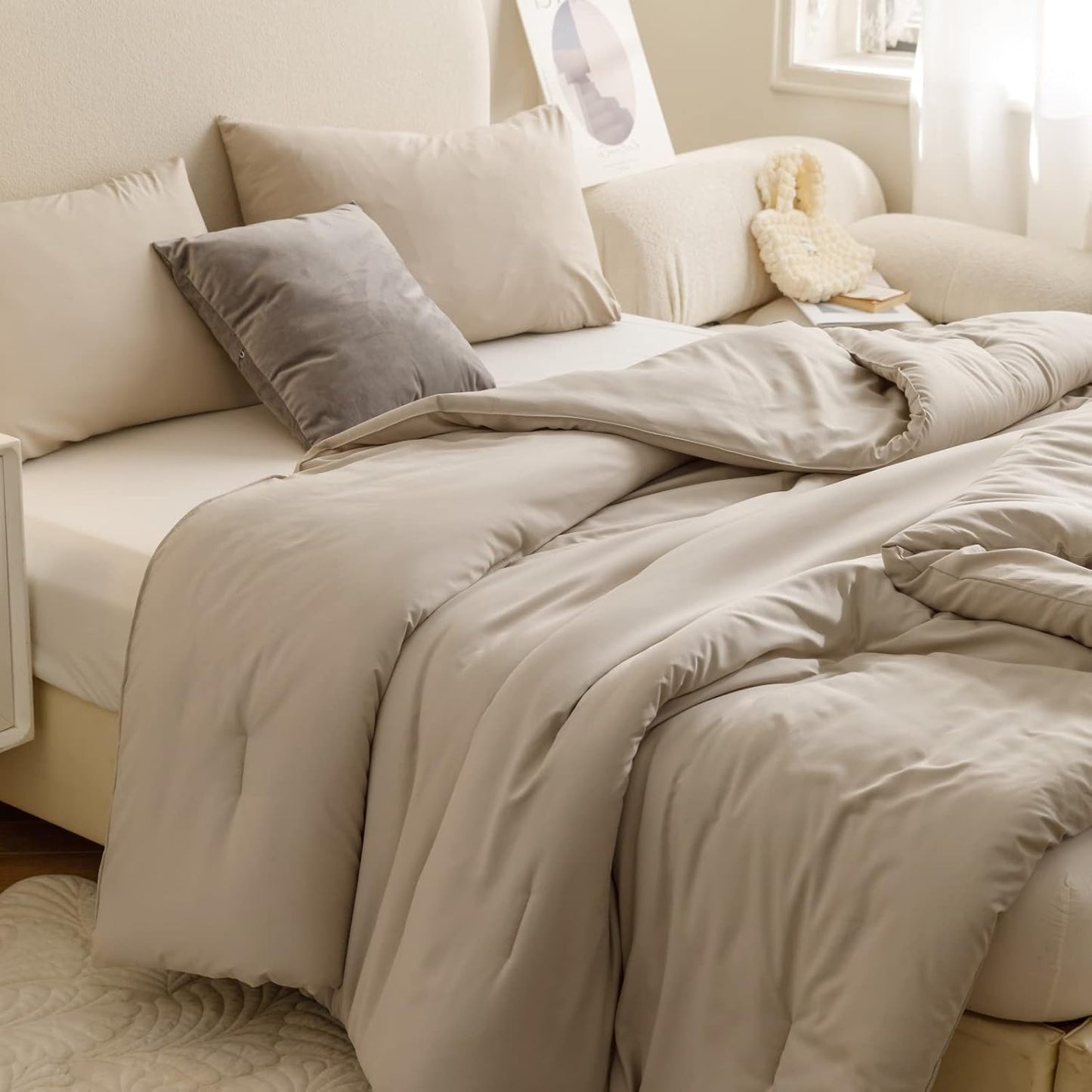 Queen Comforter Set Oatmeal, 3pcs(1 Boho Oatmeal Comforter & 2 Pillowcases) All Season Soft Bedding Lightweight Bedspread Blanket Quilt