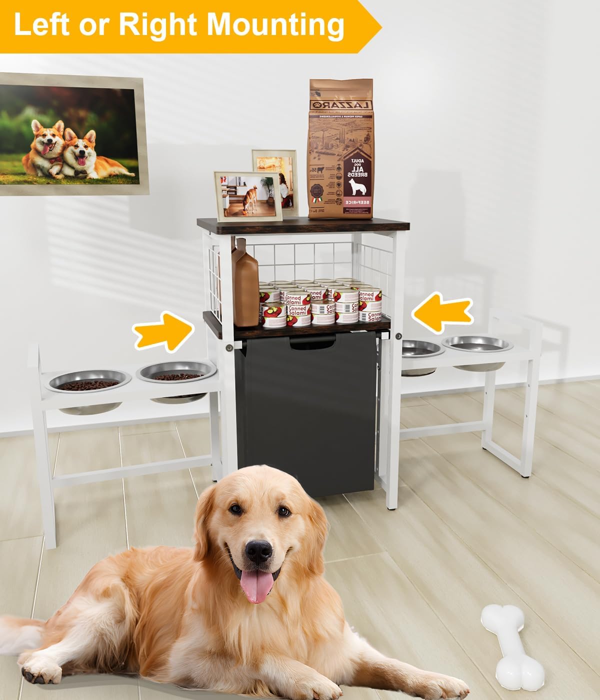 Elevated Dog Bowls Dog Toy Basket Pet Feeding Station, Adjustable Dog Raised Bowl Stand with Pet Storage Organizer for Large Medium Small Dogs and Cats, White (Include 2 Food Bowls)