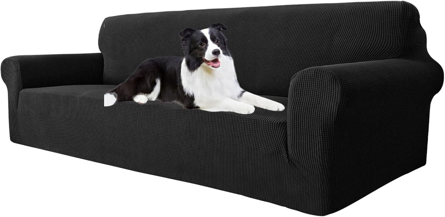 Super Stretch Couch Cover for 3 Cushion Couch, 1-Piece Universal Sofa Covers Living Room Jacquard Spandex Furniture Protector Dogs Pet Friendly Fitted (Large, Black)