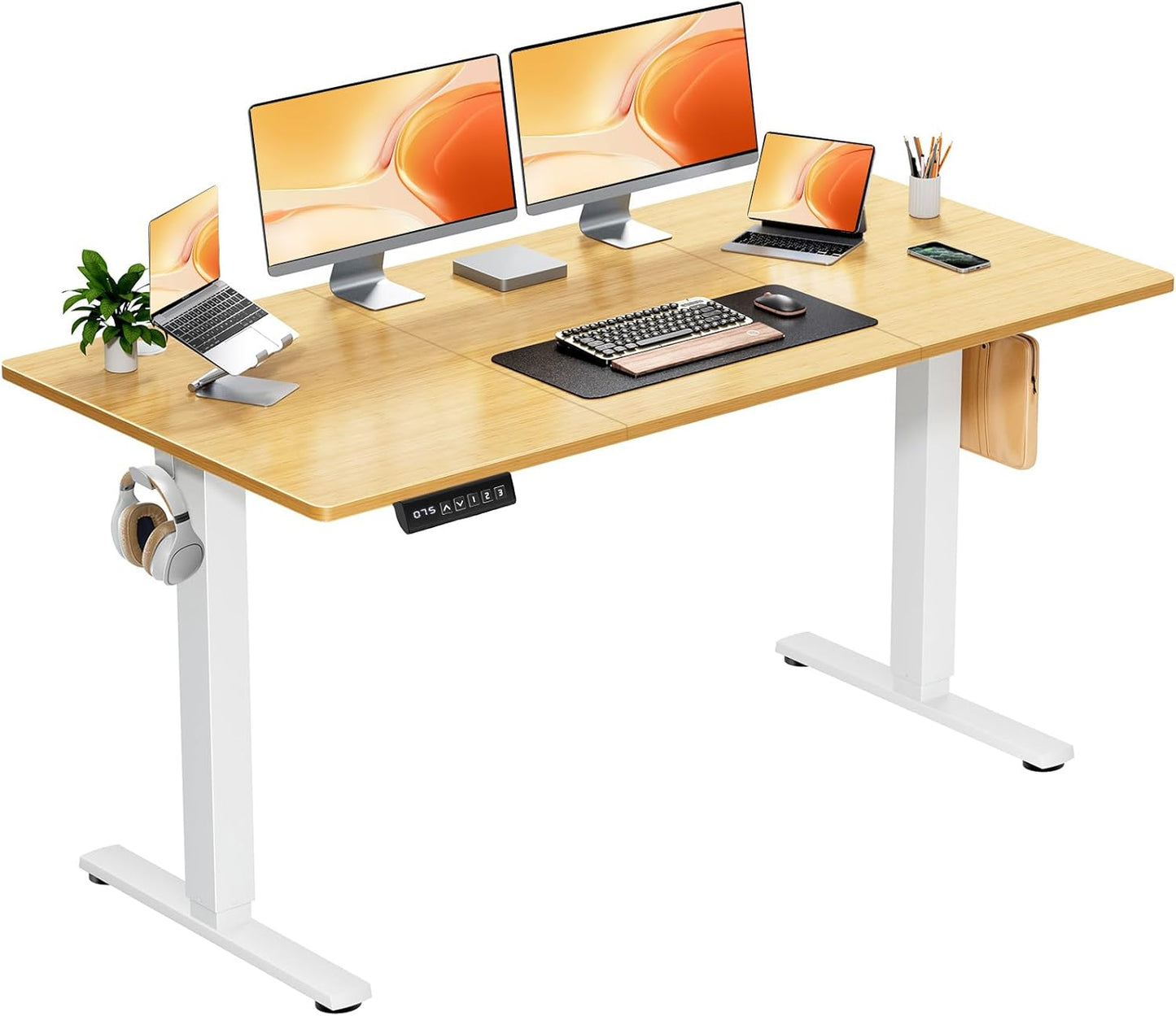 Electric Adjustable Height Standing Desk - 40 x 24 inch Sit to Stand Up Desk with Splice Board, Rising Home Office Computer Table with 2 Hook and Wire Hole for Work