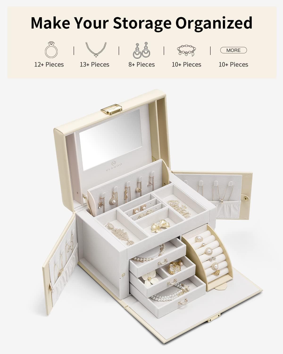 Jewelry Box Organizer for Girls Women, Large Jewelry Holder Organizer with Mirror, 3 Drawers for Bracelets, Earrings, Rings, Necklaces, Mothers Day Gifts for Loved One, Apricot White