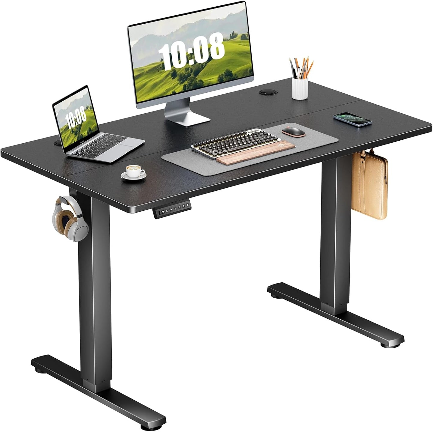 Electric Adjustable Height Standing Desk - 40 x 24 inch Sit to Stand Up Desk with Splice Board, Rising Home Office Computer Table with 2 Hook and Wire Hole for Work