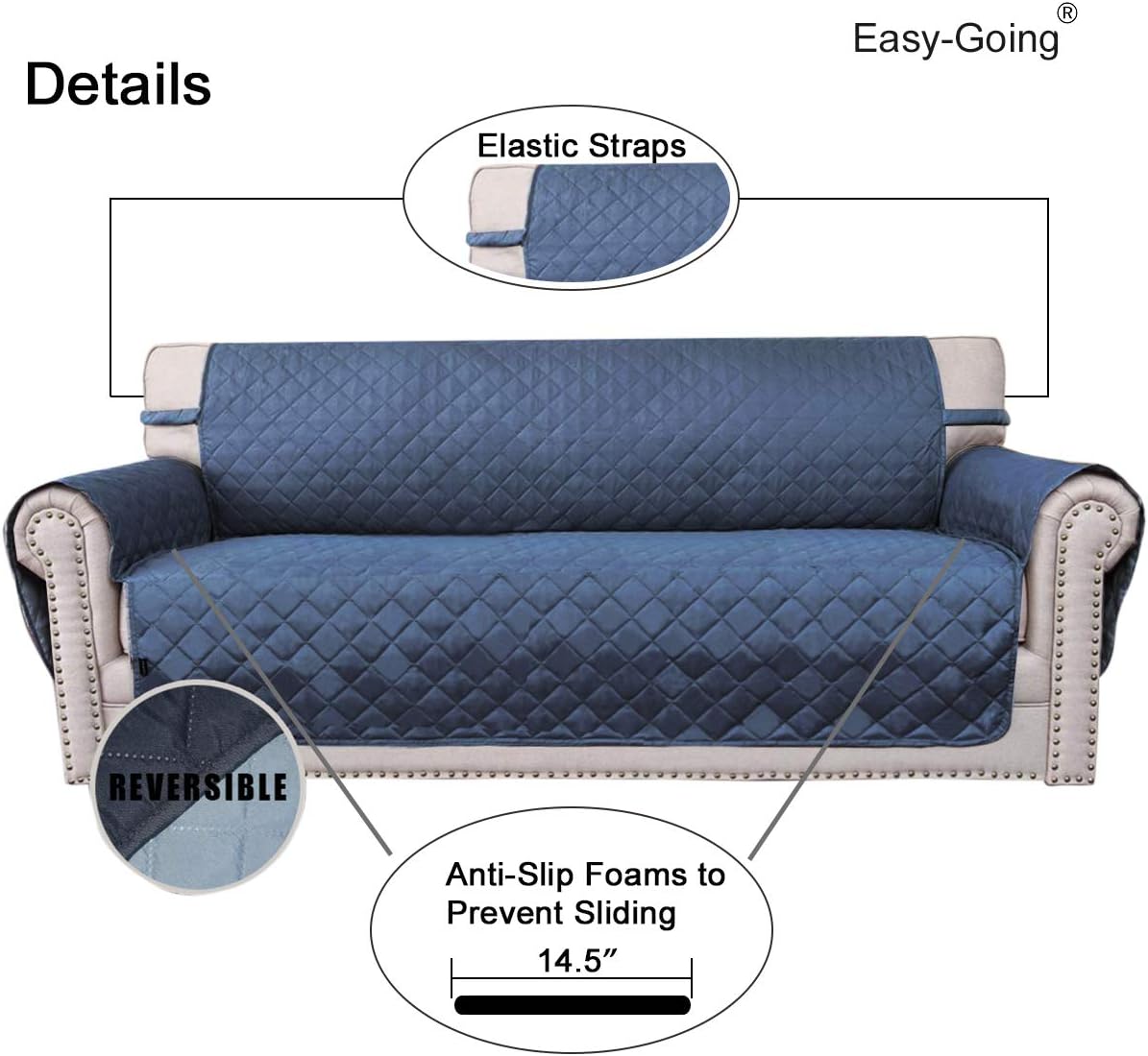 Reversible Couch Cover for 3 Cushion Couch Sofa Cover for Dogs Water Resistant Furniture Protector Cover with Foam Sticks Elastic Straps for Pet Cat (Sofa, Dark Blue/Light Blue)