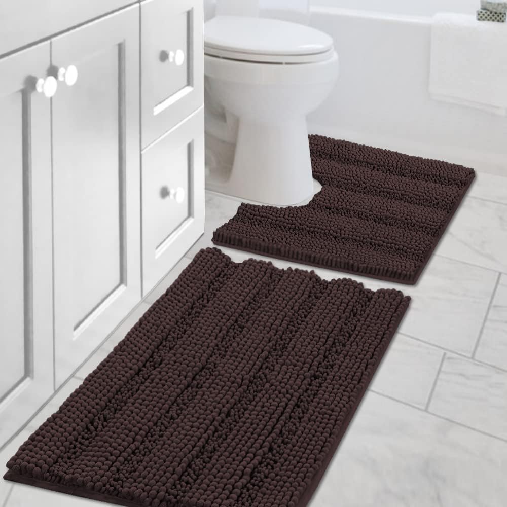 Black Bathroom Rug Set Extra Thick Striped Bath Mats for Bathroom Floor 2 Piece, Anti-Slip Bath Mat Set Soft Plush Chenille Shower Rugs for Bathroom Waterproof (20" x 32"/17" x 24")