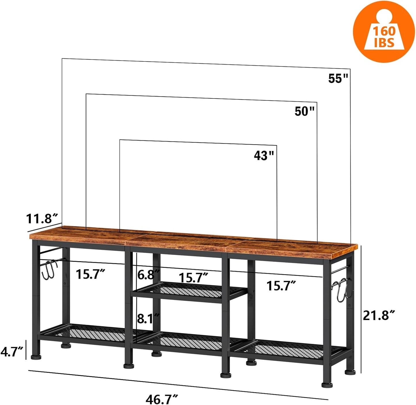 TV Stand for TVs up to 55 Inch, Entertainment Center with Open Storage Shelves, TV Media Console Table with Soundbar Shelf for Living Room, Bedroom, Rustic Brown