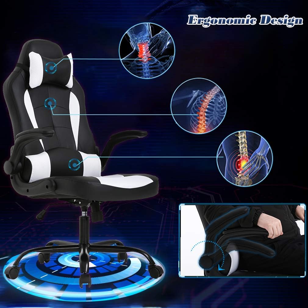 PC Gaming Chair Ergonomic Office Chair Desk Chair with Lumbar Support Flip Up Arms Headrest PU Leather Executive High Back Computer Chair for Adults Women Men (White)