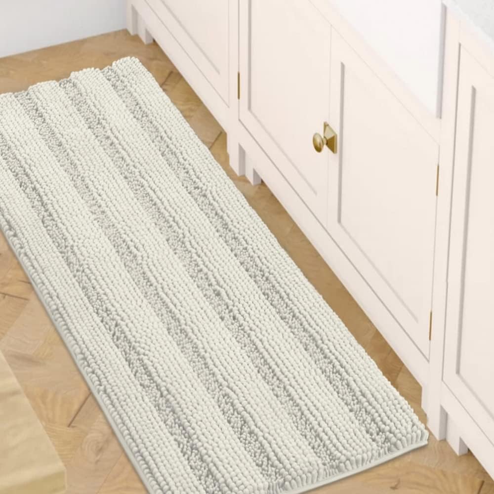 Black Bathroom Rug Set Extra Thick Striped Bath Mats for Bathroom Floor 2 Piece, Anti-Slip Bath Mat Set Soft Plush Chenille Shower Rugs for Bathroom Waterproof (20" x 32"/17" x 24")