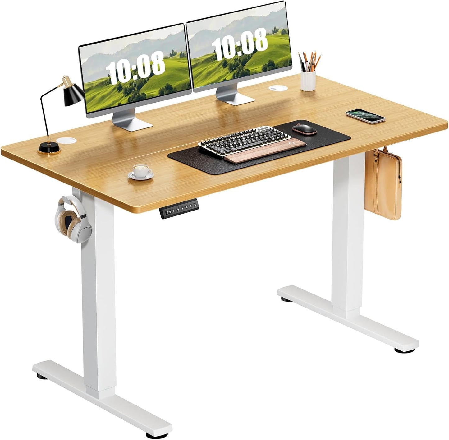 Electric Adjustable Height Standing Desk - 40 x 24 inch Sit to Stand Up Desk with Splice Board, Rising Home Office Computer Table with 2 Hook and Wire Hole for Work