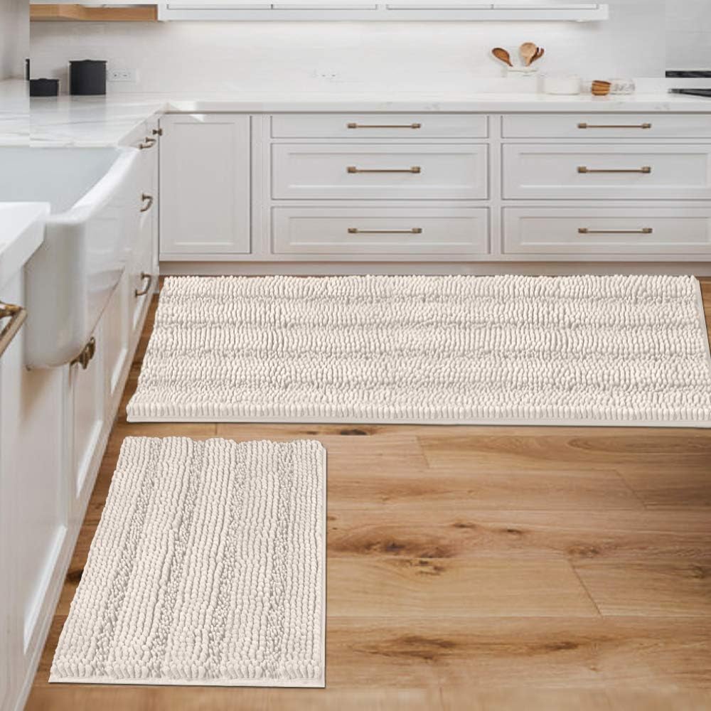 Black Bathroom Rug Set Extra Thick Striped Bath Mats for Bathroom Floor 2 Piece, Anti-Slip Bath Mat Set Soft Plush Chenille Shower Rugs for Bathroom Waterproof (20" x 32"/17" x 24")