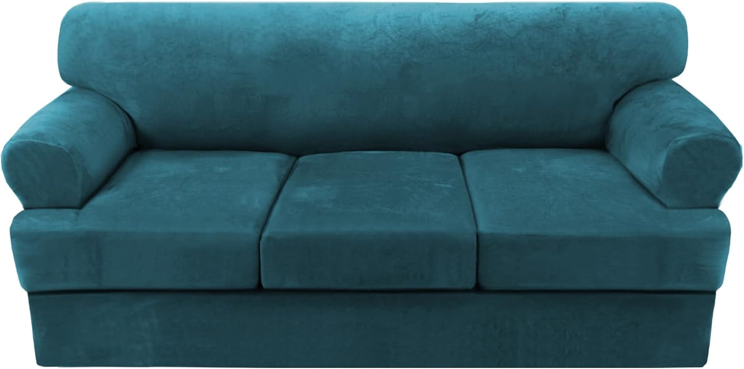 Sofa Cover 2 Piece T Cushion Armchair Slipcovers Thick Velvet Couch Cover Furniture Protector Stretch T Cushion Sofa Covers for 1 Cushion Couch with 1 Individual T Cushion Covers, Ivory