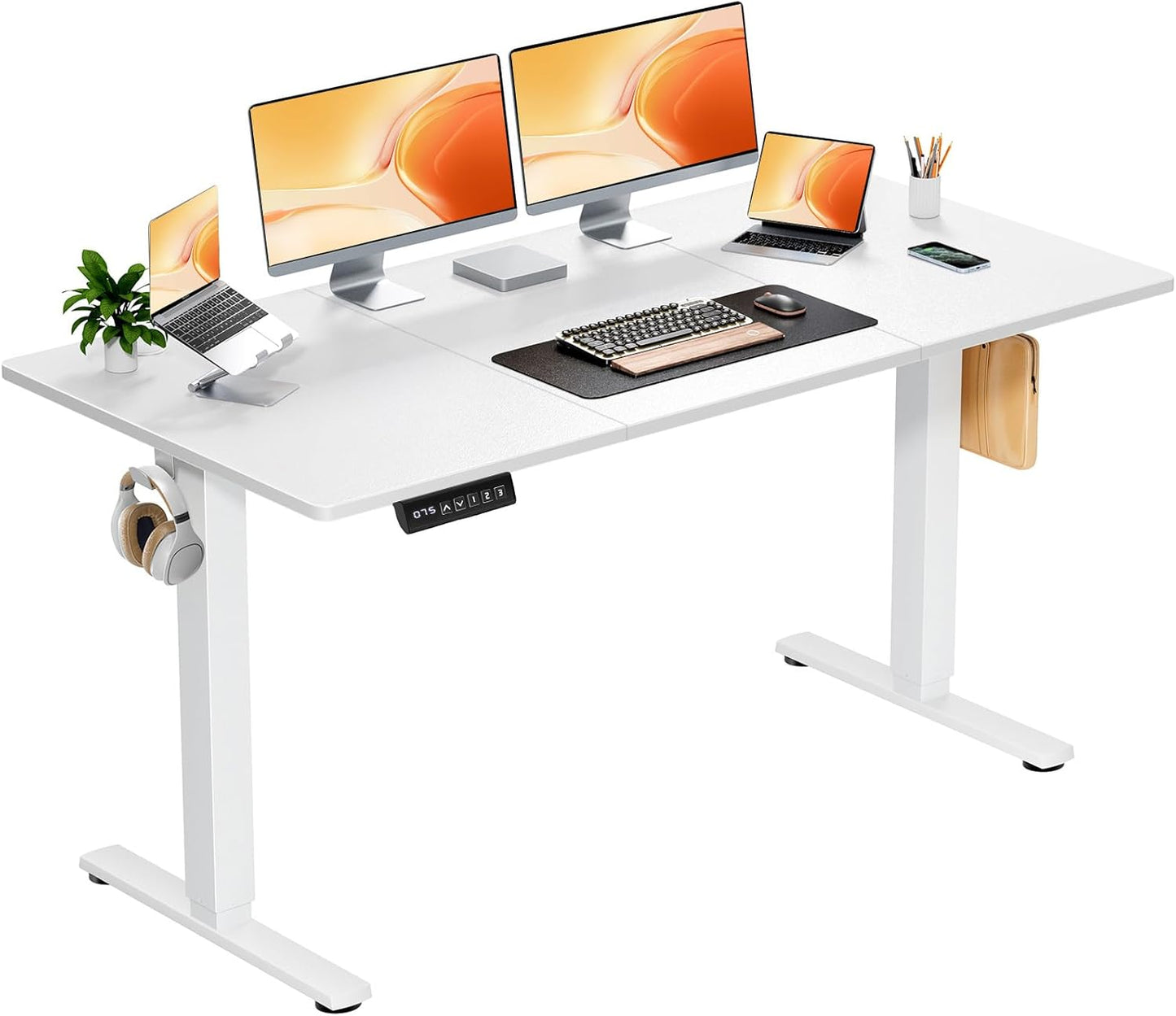 Electric Adjustable Height Standing Desk - 40 x 24 inch Sit to Stand Up Desk with Splice Board, Rising Home Office Computer Table with 2 Hook and Wire Hole for Work