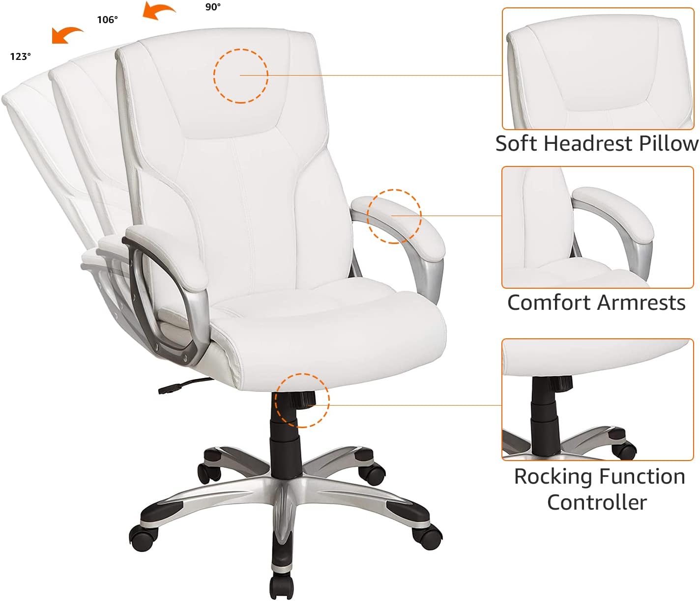 Basics Executive Home Office Desk Chair with Padded Armrests, Adjustable Height and Tilt, Rolling Swivel Chair, 275 Pound Capacity, White and Pewter