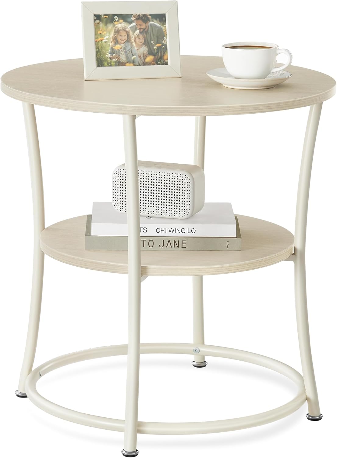 Side Table, Round End Table with 2 Storage Shelves for Living Room, Bedroom, Nightstand with Steel Frame for Small Spaces, Accent Coffee Table, Greige and Ink Black