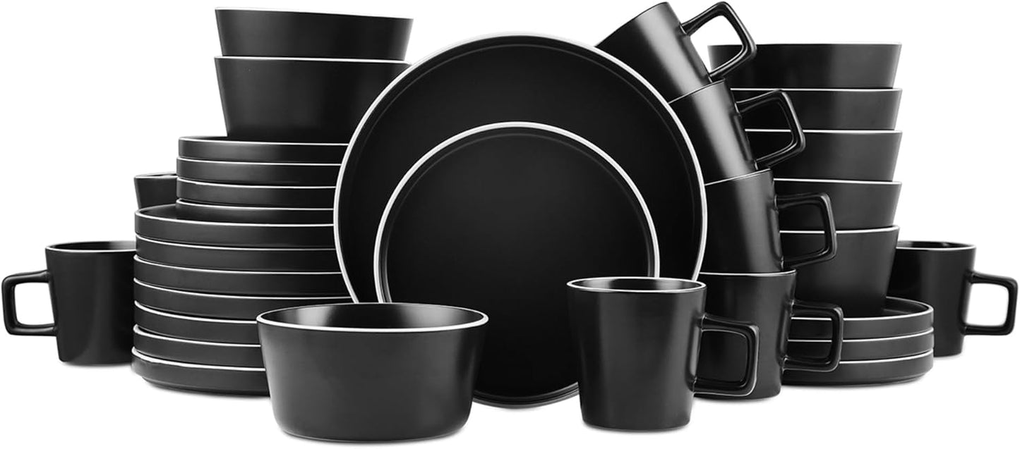 16-Piece Stoneware Dish Set, Service for 4, Black Plates and Bowls Dinnerware Set, Dishwasher and Microwave Safe, Black Matte