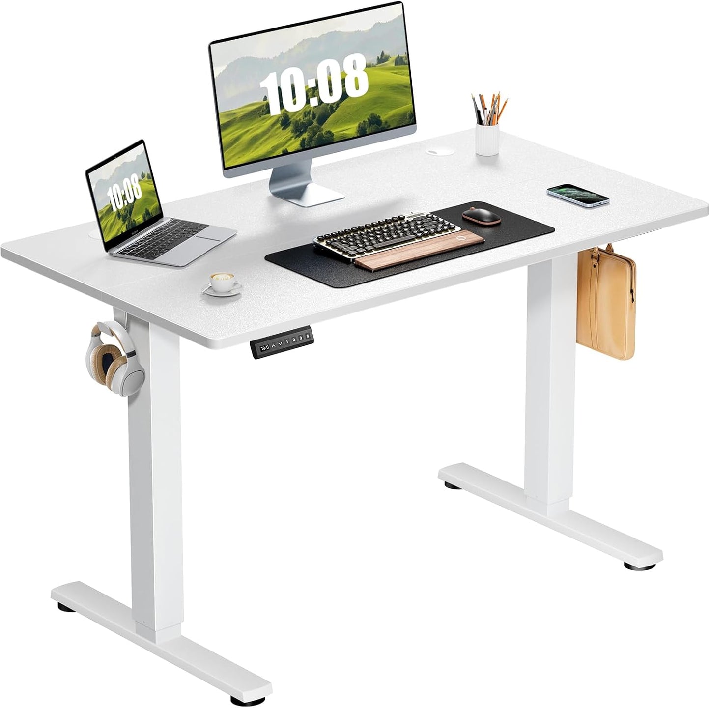 Electric Adjustable Height Standing Desk - 40 x 24 inch Sit to Stand Up Desk with Splice Board, Rising Home Office Computer Table with 2 Hook and Wire Hole for Work