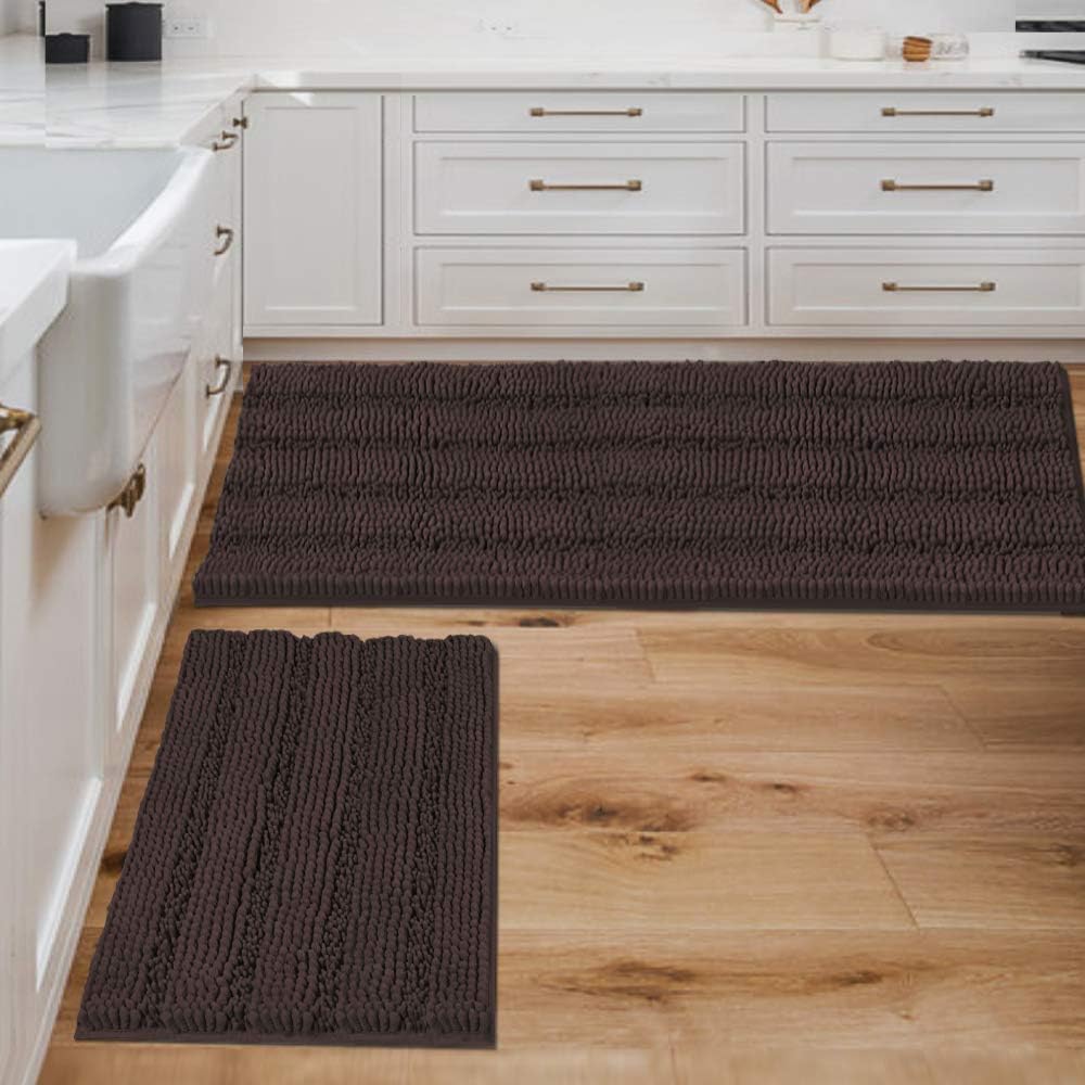 Black Bathroom Rug Set Extra Thick Striped Bath Mats for Bathroom Floor 2 Piece, Anti-Slip Bath Mat Set Soft Plush Chenille Shower Rugs for Bathroom Waterproof (20" x 32"/17" x 24")