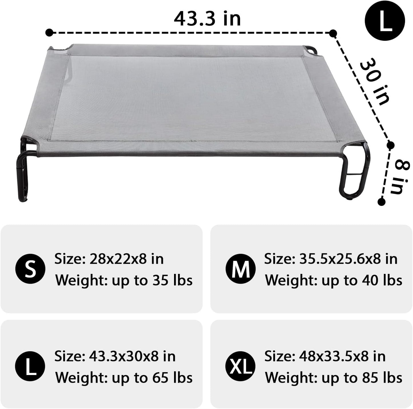 Elevated Outdoor Dog Bed - Raised Dog Bed for Large Dogs, Waterproof Dog Cot Bed Easy to Assemble, Cooling Elevated Dog Bed with Breathable Teslin Mesh, Durable, Non Slip, Up to 65 lbs,Grey