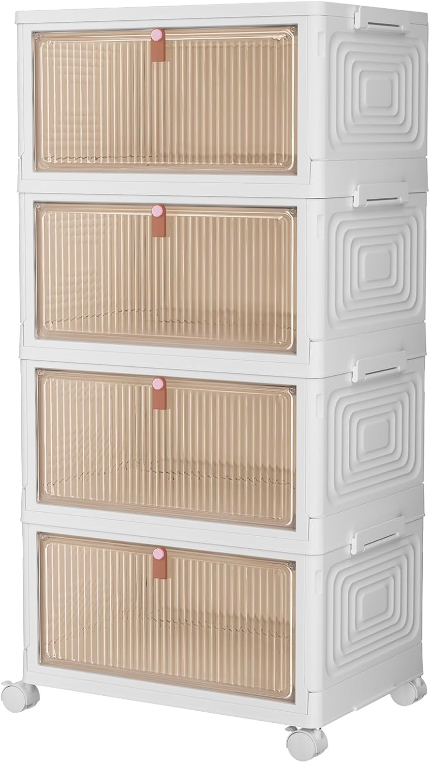 4 Tier Stackable Storage Bins with Lids, 23Qt Plastic Storage Containers with Magnetic Doors & Wheels, Collapsible Storage Bins Closet Organizers, Foldable Organization for Home, Party, Office, Dorm