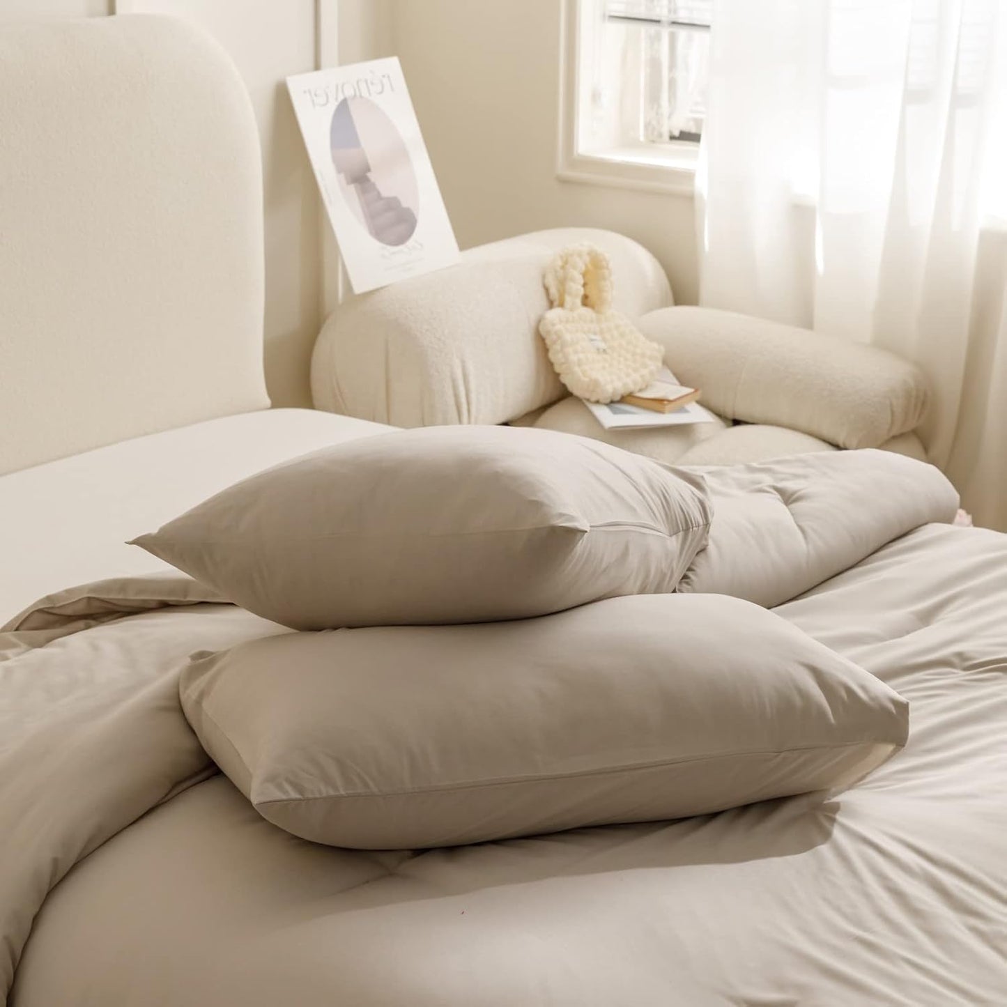 Queen Comforter Set Oatmeal, 3pcs(1 Boho Oatmeal Comforter & 2 Pillowcases) All Season Soft Bedding Lightweight Bedspread Blanket Quilt