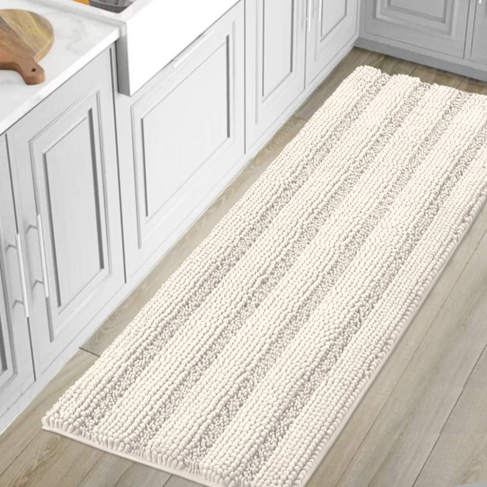 Black Bathroom Rug Set Extra Thick Striped Bath Mats for Bathroom Floor 2 Piece, Anti-Slip Bath Mat Set Soft Plush Chenille Shower Rugs for Bathroom Waterproof (20" x 32"/17" x 24")