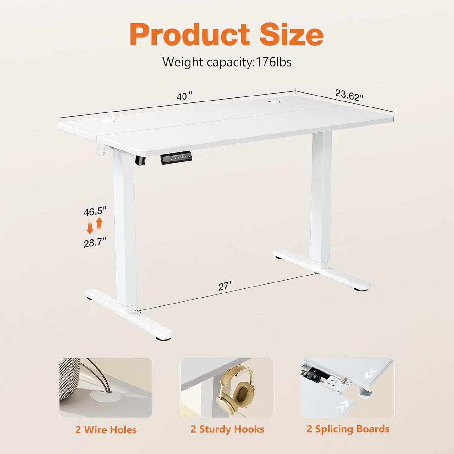 Electric Adjustable Height Standing Desk - 40 x 24 inch Sit to Stand Up Desk with Splice Board, Rising Home Office Computer Table with 2 Hook and Wire Hole for Work