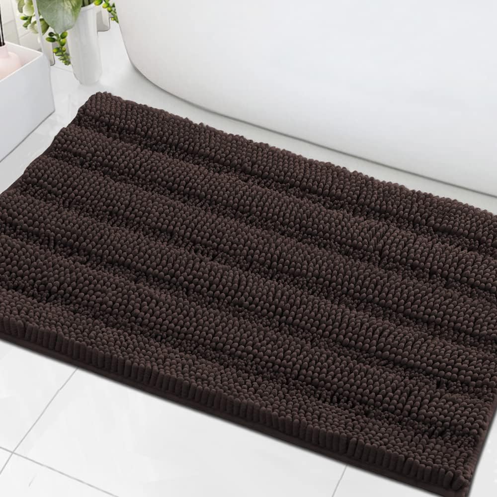 Black Bathroom Rug Set Extra Thick Striped Bath Mats for Bathroom Floor 2 Piece, Anti-Slip Bath Mat Set Soft Plush Chenille Shower Rugs for Bathroom Waterproof (20" x 32"/17" x 24")