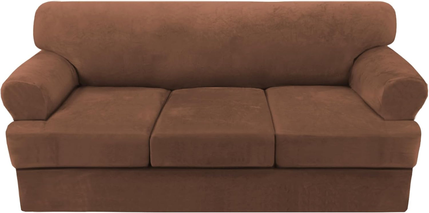 Sofa Cover 2 Piece T Cushion Armchair Slipcovers Thick Velvet Couch Cover Furniture Protector Stretch T Cushion Sofa Covers for 1 Cushion Couch with 1 Individual T Cushion Covers, Ivory