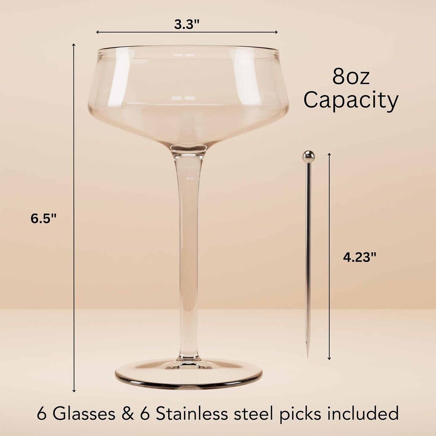 Champagne Coupe Glasses Set of 6-8oz Hand Blown Crystal Martini Glasses with 6 Stainless Steel Cocktail Picks - Versatile Tall Cocktail Glasses & Vintage Cocktail Glasses for Martini & More
